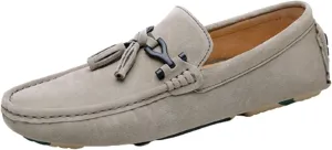 HOOENG Loafer Shoes Driving Moccasins for Men Tassel Suede Vamp Genuine Leather Stitching Details Round Toe Resistant Flat Heel Comfortable Casual Slip on (Color : Khaki, Size : 8)
