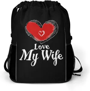 I Love My Wife with Heart Drawstring Backpack String Bag Sports Gym Sackpack with Side Pocket Shoes Compartment