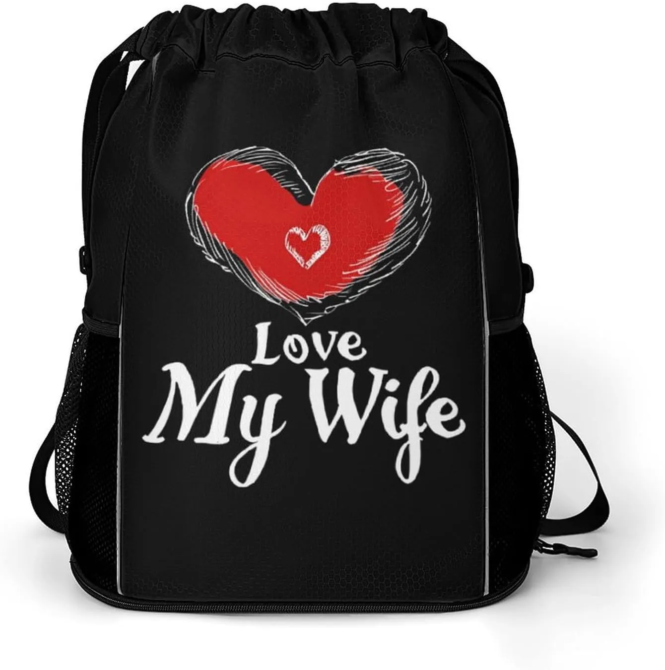 I Love My Wife with Heart Drawstring Backpack String Bag Sports Gym Sackpack with Side Pocket Shoes Compartment
