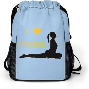I Love Pilates Yoga Drawstring Backpack String Bag Sports Gym Sackpack with Side Pocket Shoes Compartment