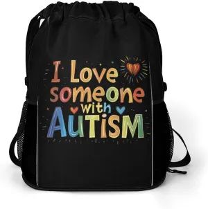 I Love Someone With Autism Drawstring Backpack String Bag Sports Gym Sackpack with Side Pocket Shoes Compartment