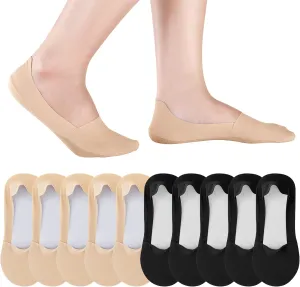 Ice Silk No Show Socks - 10 Pairs, Low Cut, Nonslip, Invisible, Thin (Black, Nude)