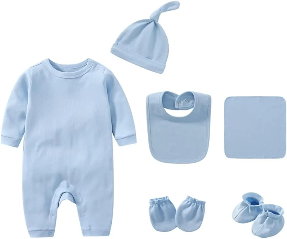 Infant Romper Burp Cloth Bib Mittens Shoes Cap Set Breathable Healthy Fabric Tops for Baby