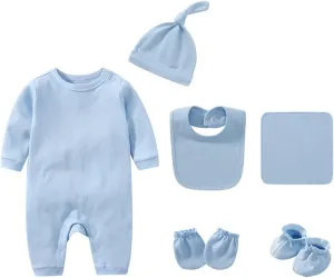 Infant Romper Burp Cloth Bib Mittens Shoes Cap Set Breathable Healthy Fabric Tops for Baby