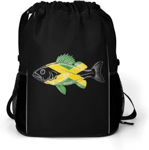 Jamaican Flag with Cod Fish Drawstring Backpack String Bag Sports Gym Sackpack with Side Pocket Shoes Compartment