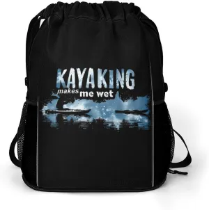 Kayaking Makes Me Wet Drawstring Backpack String Bag Sports Gym Sackpack with Side Pocket Shoes Compartment