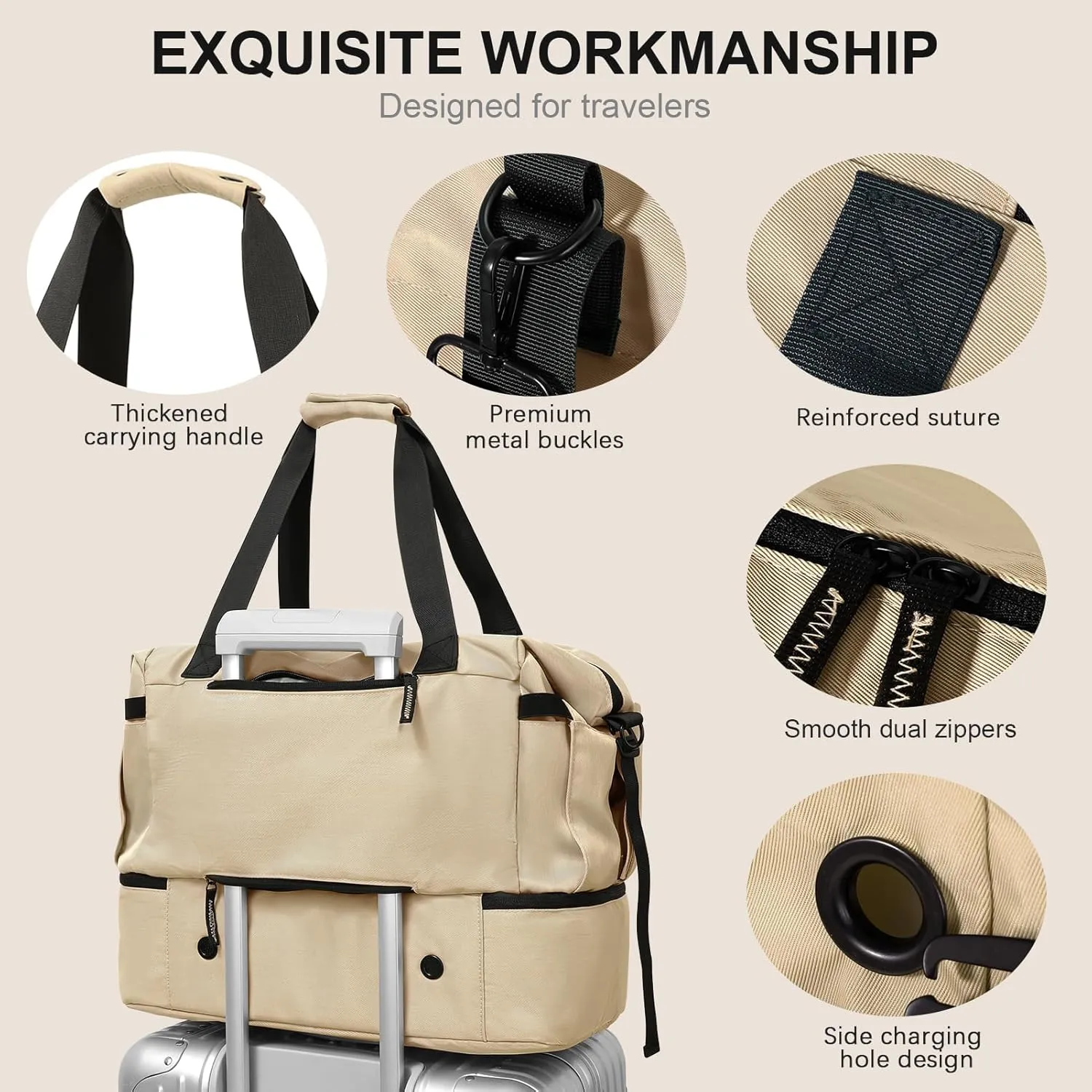 Khaki Gym, Travel & Weekender Bag for Women with Shoes Compartment, Wet Pocket & USB Charging Port, Carry On Size