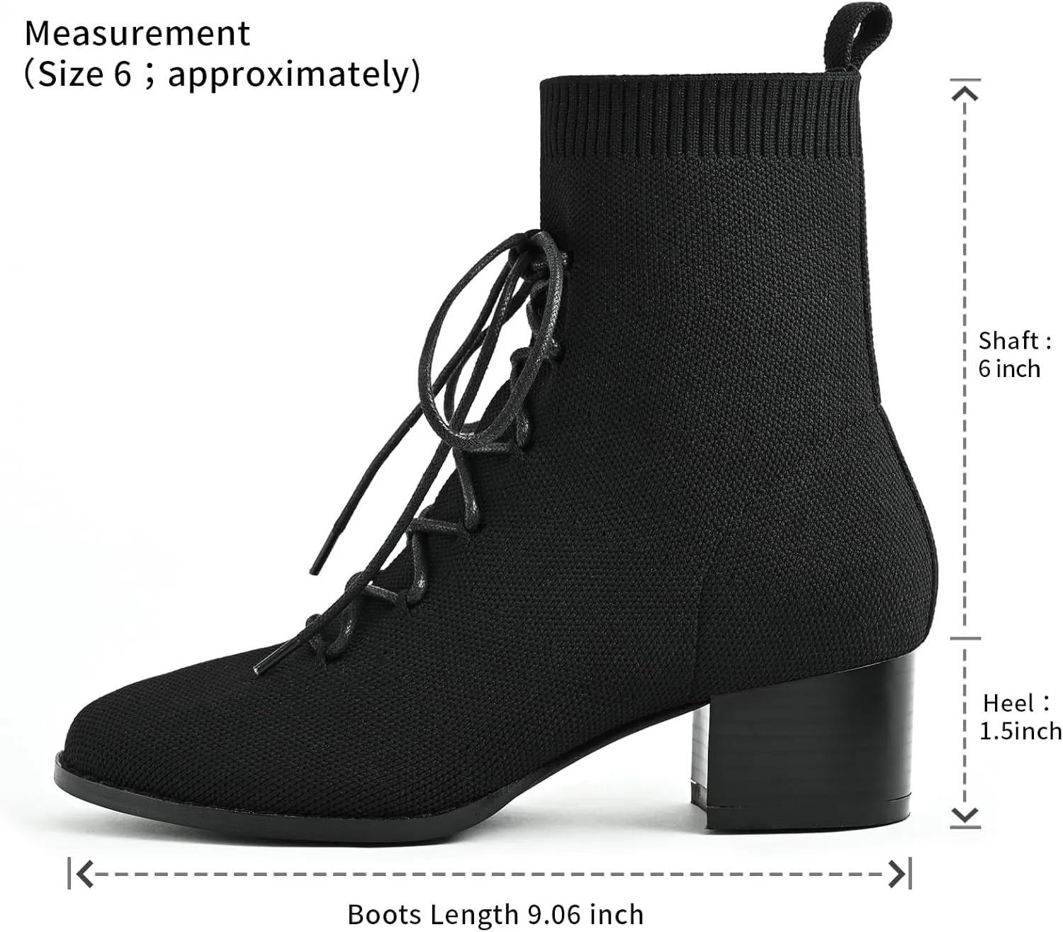 Knit Ankle Boots Lace-up Pointed Toe 1.5 Inch Chunky Block Heel Women Booties Fall Winter Shoes