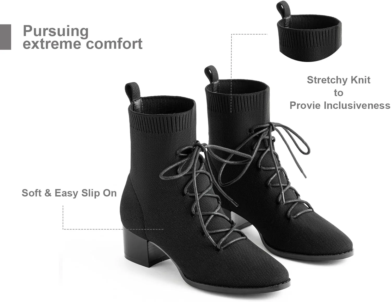 Knit Ankle Boots Lace-up Pointed Toe 1.5 Inch Chunky Block Heel Women Booties Fall Winter Shoes