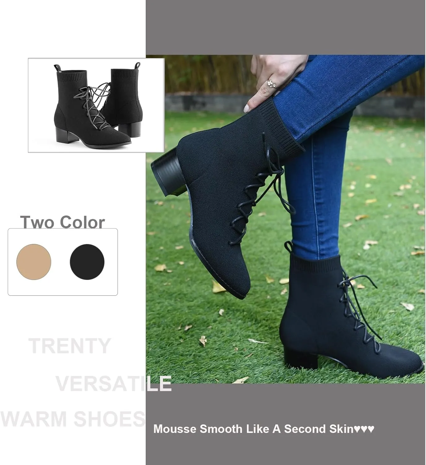 Knit Ankle Boots Lace-up Pointed Toe 1.5 Inch Chunky Block Heel Women Booties Fall Winter Shoes