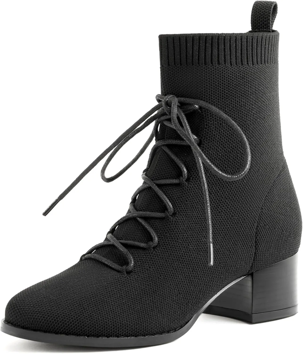 Knit Ankle Boots Lace-up Pointed Toe 1.5 Inch Chunky Block Heel Women Booties Fall Winter Shoes