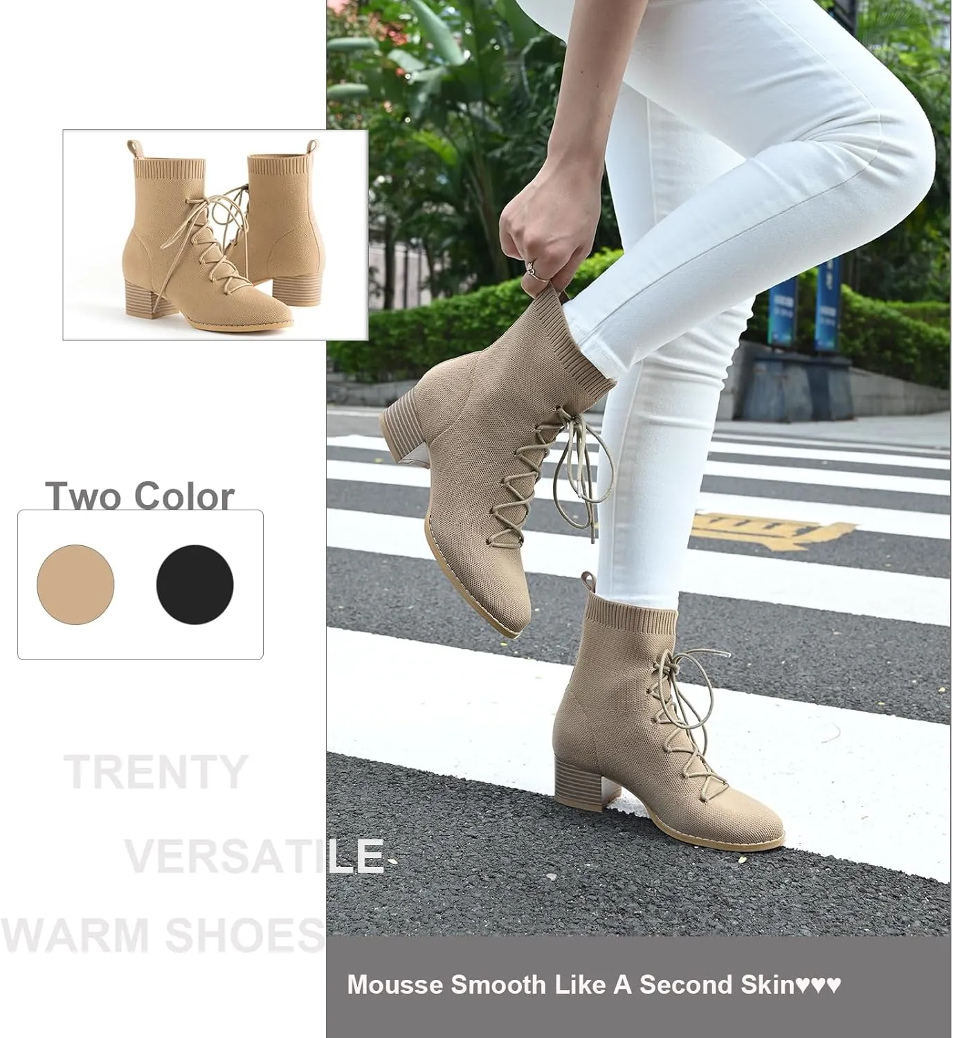 Knit Ankle Boots Lace-up Pointed Toe 1.5 Inch Chunky Block Heel Women Booties Fall Winter Shoes
