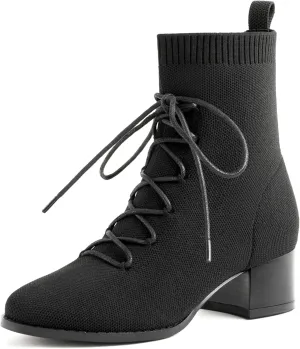 Knit Ankle Boots Lace-up Pointed Toe 1.5 Inch Chunky Block Heel Women Booties Fall Winter Shoes