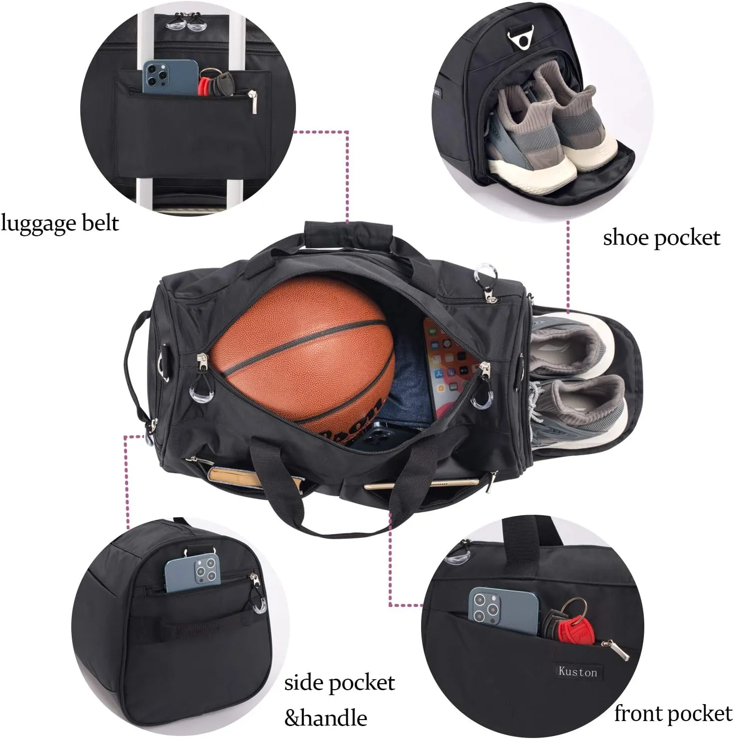 Kuston Travel Duffel Bag,45L Duffle Bag with Shoes Compartment Weekender Bag for Men Women
