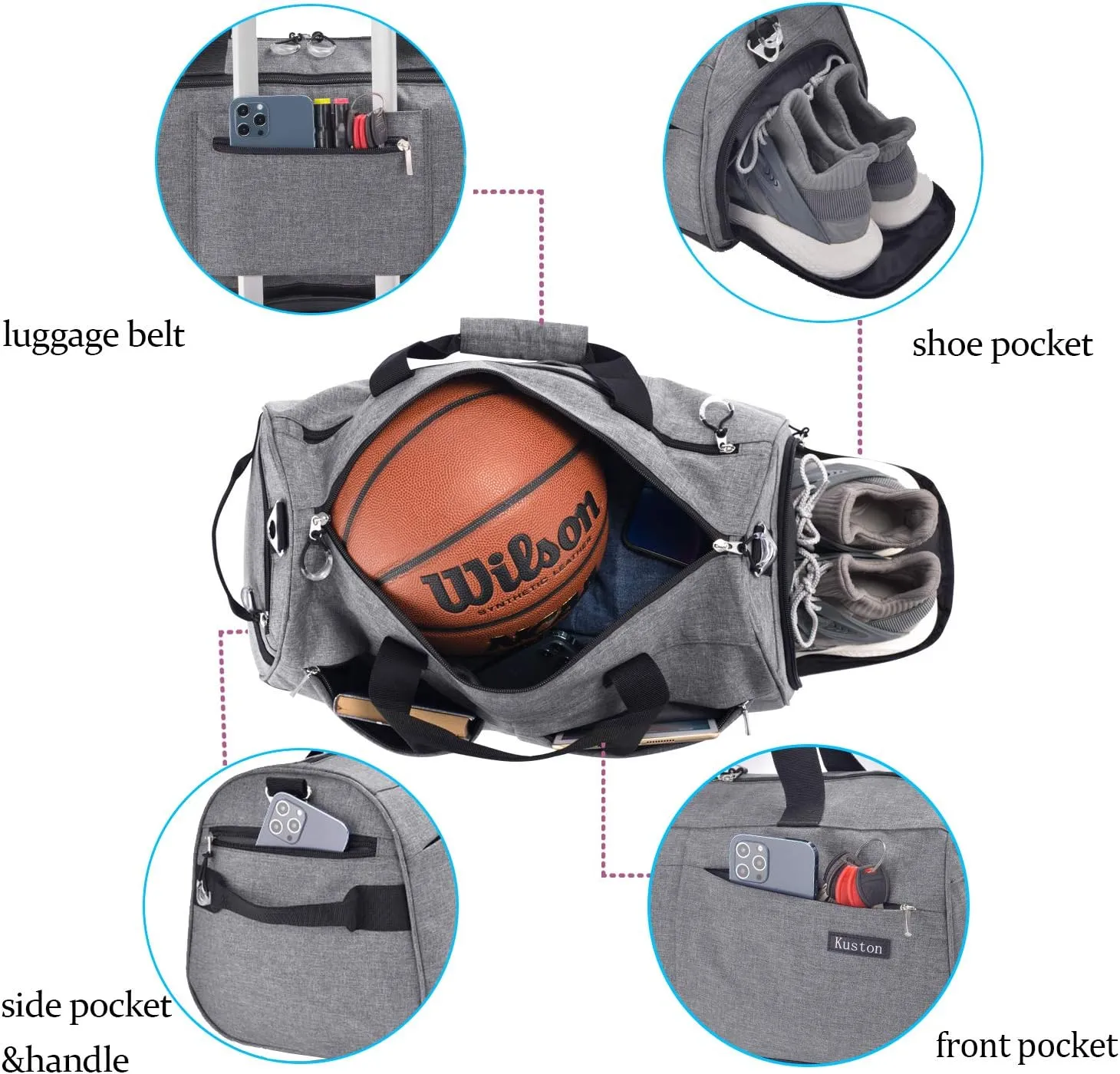 Kuston Travel Duffel Bag,45L Duffle Bag with Shoes Compartment Weekender Bag for Men Women