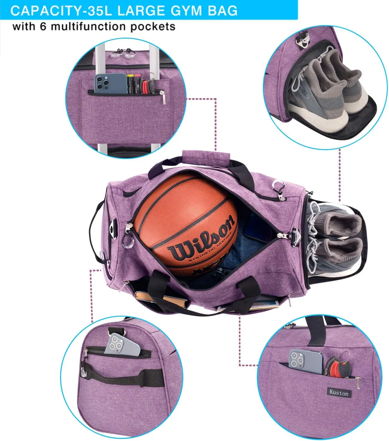 Kuston Travel Duffel Bag,45L Duffle Bag with Shoes Compartment Weekender Bag for Men Women
