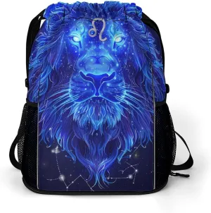 Leo Constellation Blue Lion Drawstring Backpack String Bag Sports Gym Sackpack with Side Pocket Shoes Compartment