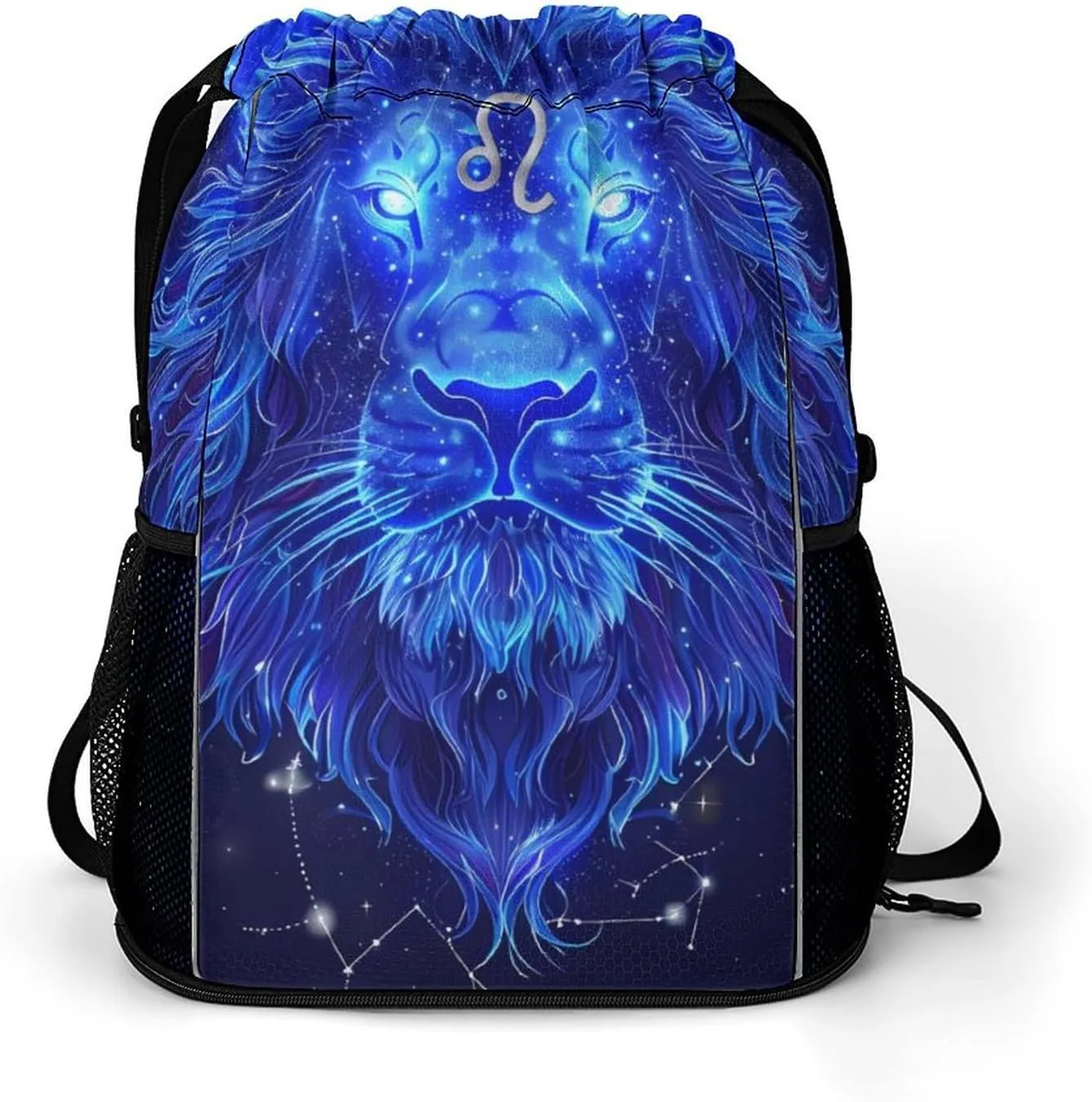 Leo Constellation Blue Lion Drawstring Backpack String Bag Sports Gym Sackpack with Side Pocket Shoes Compartment
