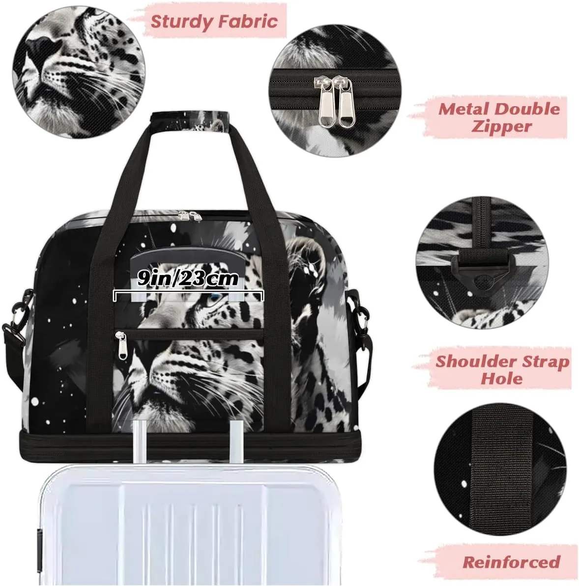 Leopard Animal Foldable Travel Duffel Bag Overnight Weekender Bag with Shoes Compartment Sports Gym Bag for Men Women
