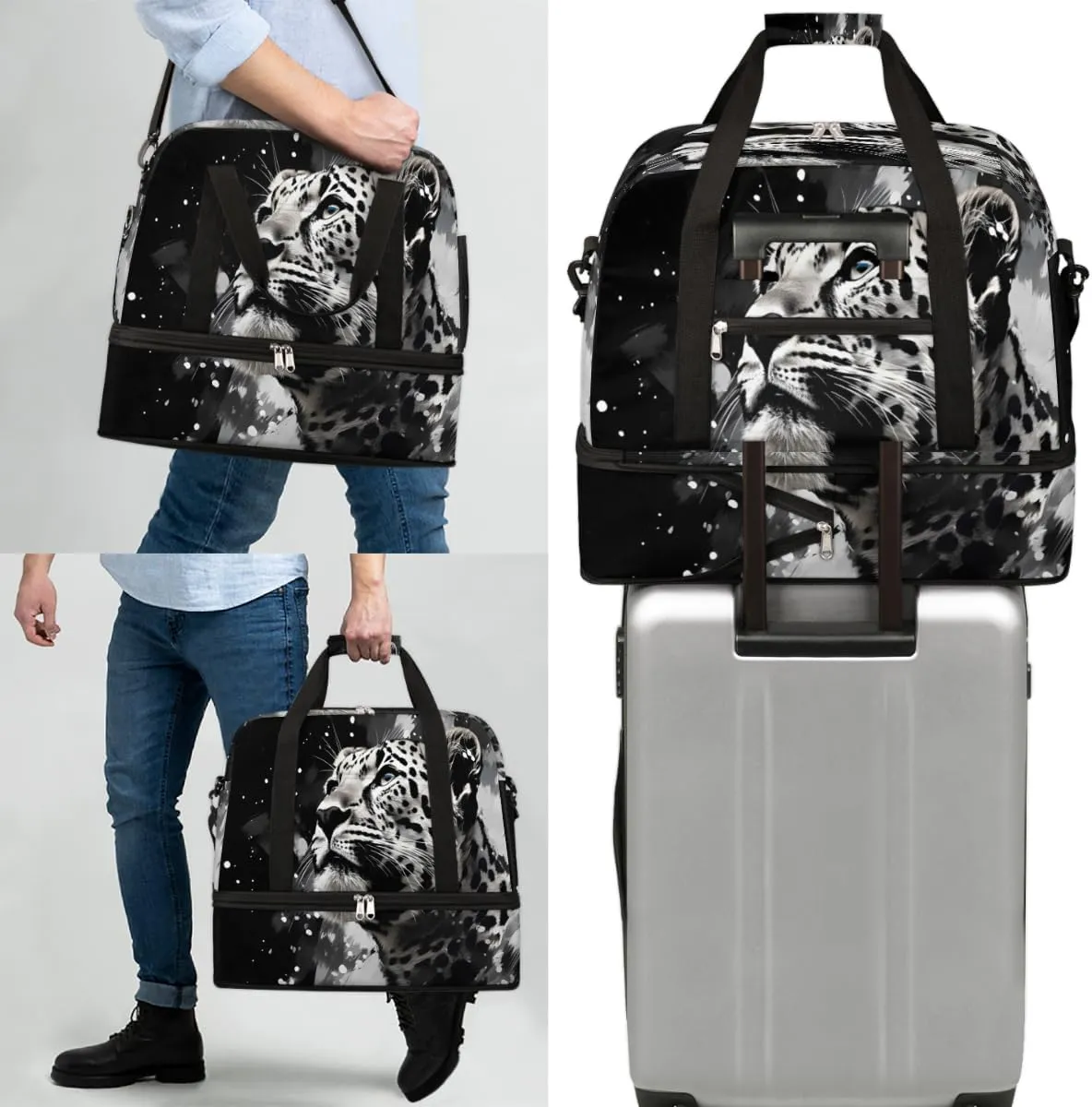 Leopard Animal Foldable Travel Duffel Bag Overnight Weekender Bag with Shoes Compartment Sports Gym Bag for Men Women
