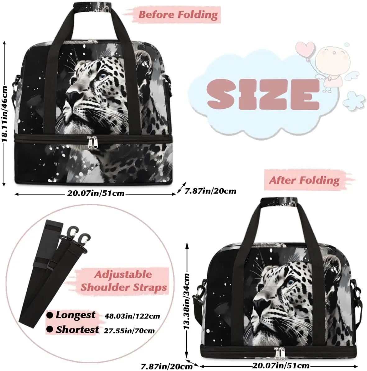 Leopard Animal Foldable Travel Duffel Bag Overnight Weekender Bag with Shoes Compartment Sports Gym Bag for Men Women