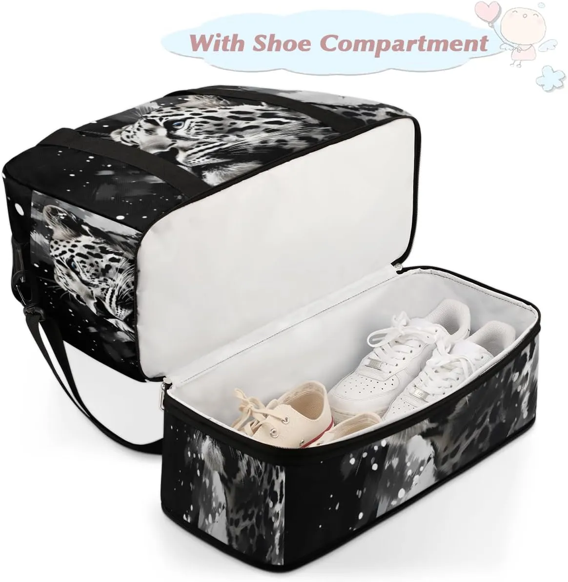 Leopard Animal Foldable Travel Duffel Bag Overnight Weekender Bag with Shoes Compartment Sports Gym Bag for Men Women