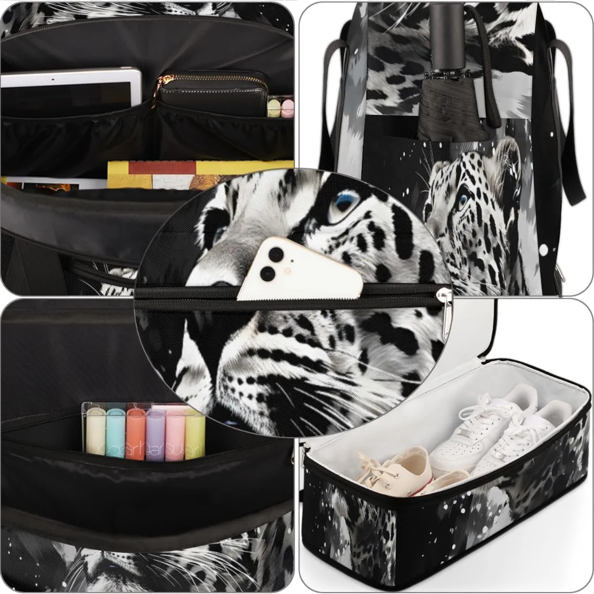 Leopard Animal Foldable Travel Duffel Bag Overnight Weekender Bag with Shoes Compartment Sports Gym Bag for Men Women