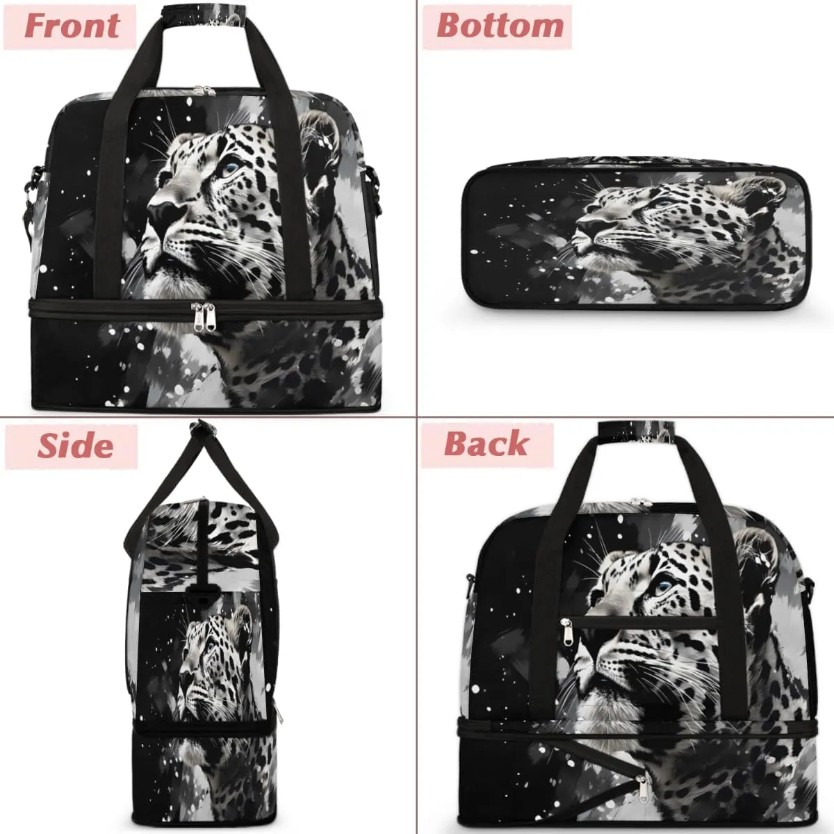 Leopard Animal Foldable Travel Duffel Bag Overnight Weekender Bag with Shoes Compartment Sports Gym Bag for Men Women
