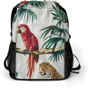 Leopards Palm Tree Parrot Bird Drawstring Backpack String Bag Sports Gym Sackpack with Side Pocket Shoes Compartment
