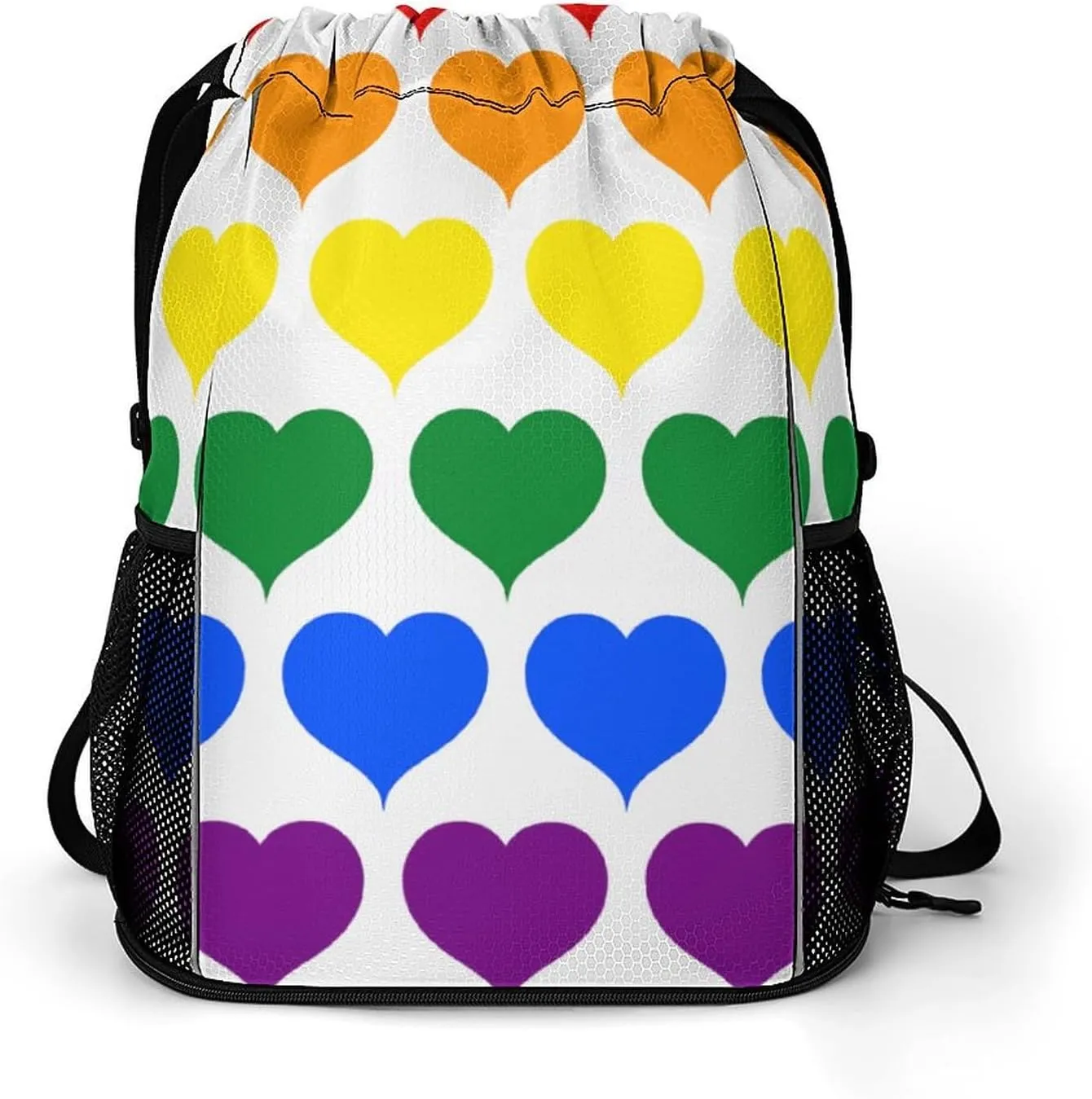LGBT Flag Rainbow Heart Drawstring Backpack String Bag Sports Gym Sackpack with Side Pocket Shoes Compartment