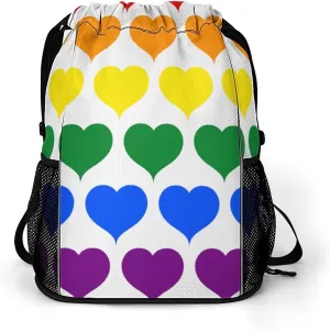 LGBT Flag Rainbow Heart Drawstring Backpack String Bag Sports Gym Sackpack with Side Pocket Shoes Compartment