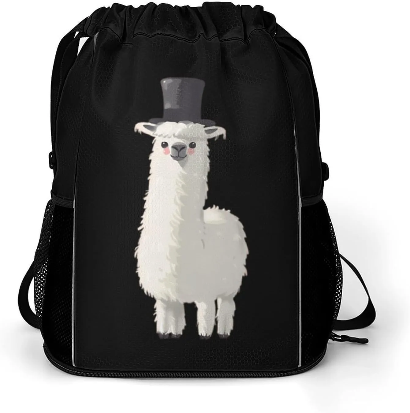 Llama With Black Top Hat Drawstring Backpack String Bag Sports Gym Sackpack with Side Pocket Shoes Compartment