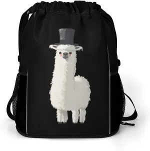 Llama With Black Top Hat Drawstring Backpack String Bag Sports Gym Sackpack with Side Pocket Shoes Compartment