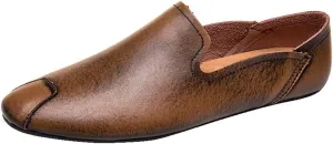 Loafer Shoes Driving Moccasins for Men Genuine Leather Round Toe Stitching Details Rubber Sole Resistant Flexible Flat Heel Anti-Slip Casual Slip on for Any Attire