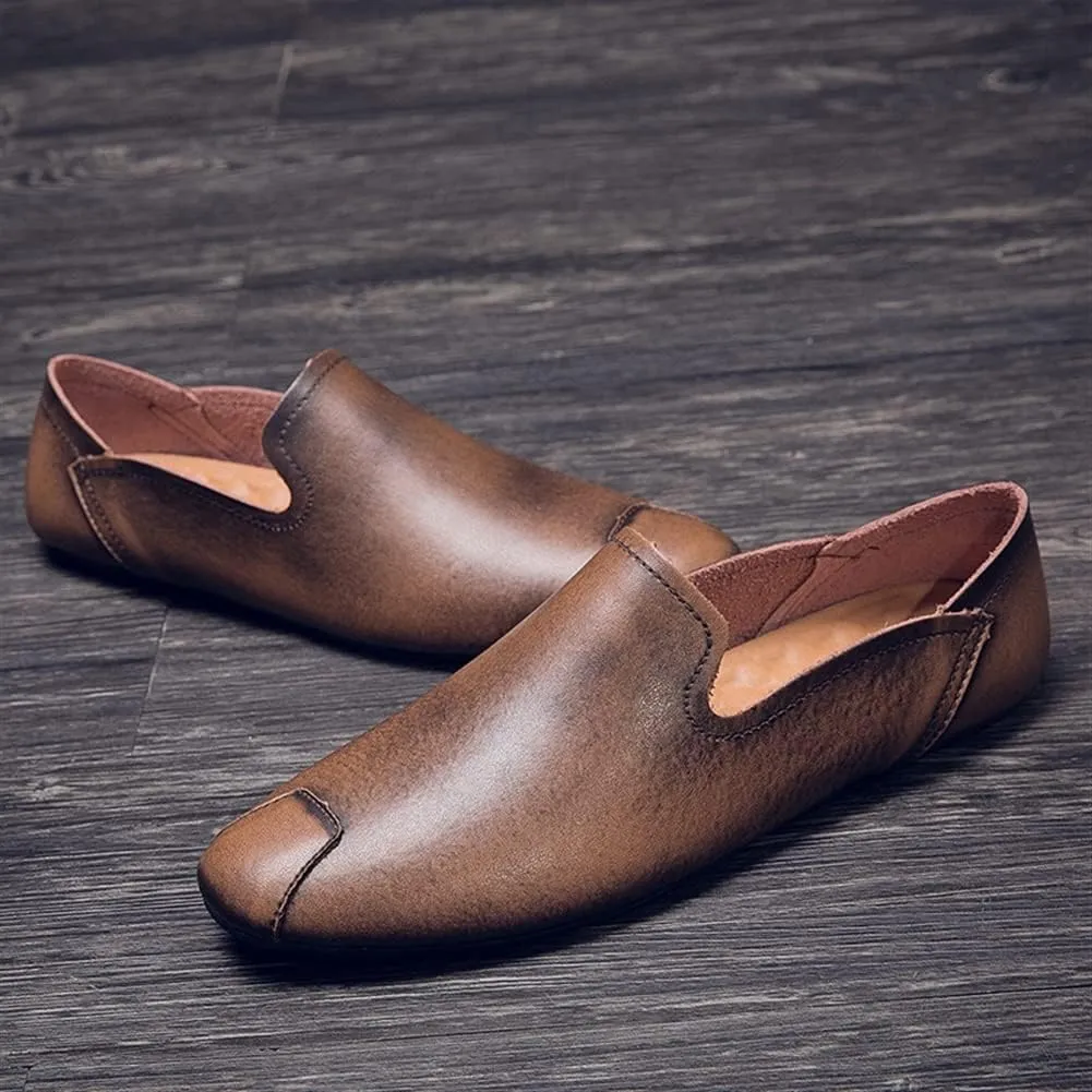 Loafer Shoes Driving Moccasins for Men Genuine Leather Round Toe Stitching Details Rubber Sole Resistant Flexible Flat Heel Anti-Slip Casual Slip on for Any Attire