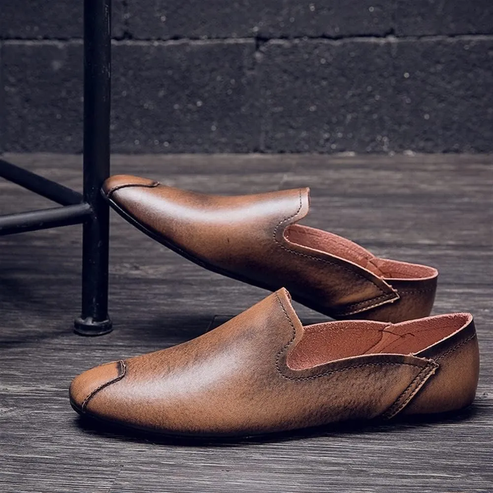 Loafer Shoes Driving Moccasins for Men Genuine Leather Round Toe Stitching Details Rubber Sole Resistant Flexible Flat Heel Anti-Slip Casual Slip on for Any Attire