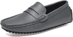 Loafer Shoes for Men Genuine Leather Stitching Details Penny Loafer Flat Heel Comfortable Flexible Driving Slip On for Any Attire (Color : Gris, Size : 9)