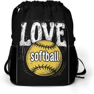 Love Softball Drawstring Backpack String Bag Sports Gym Sackpack with Side Pocket Shoes Compartment