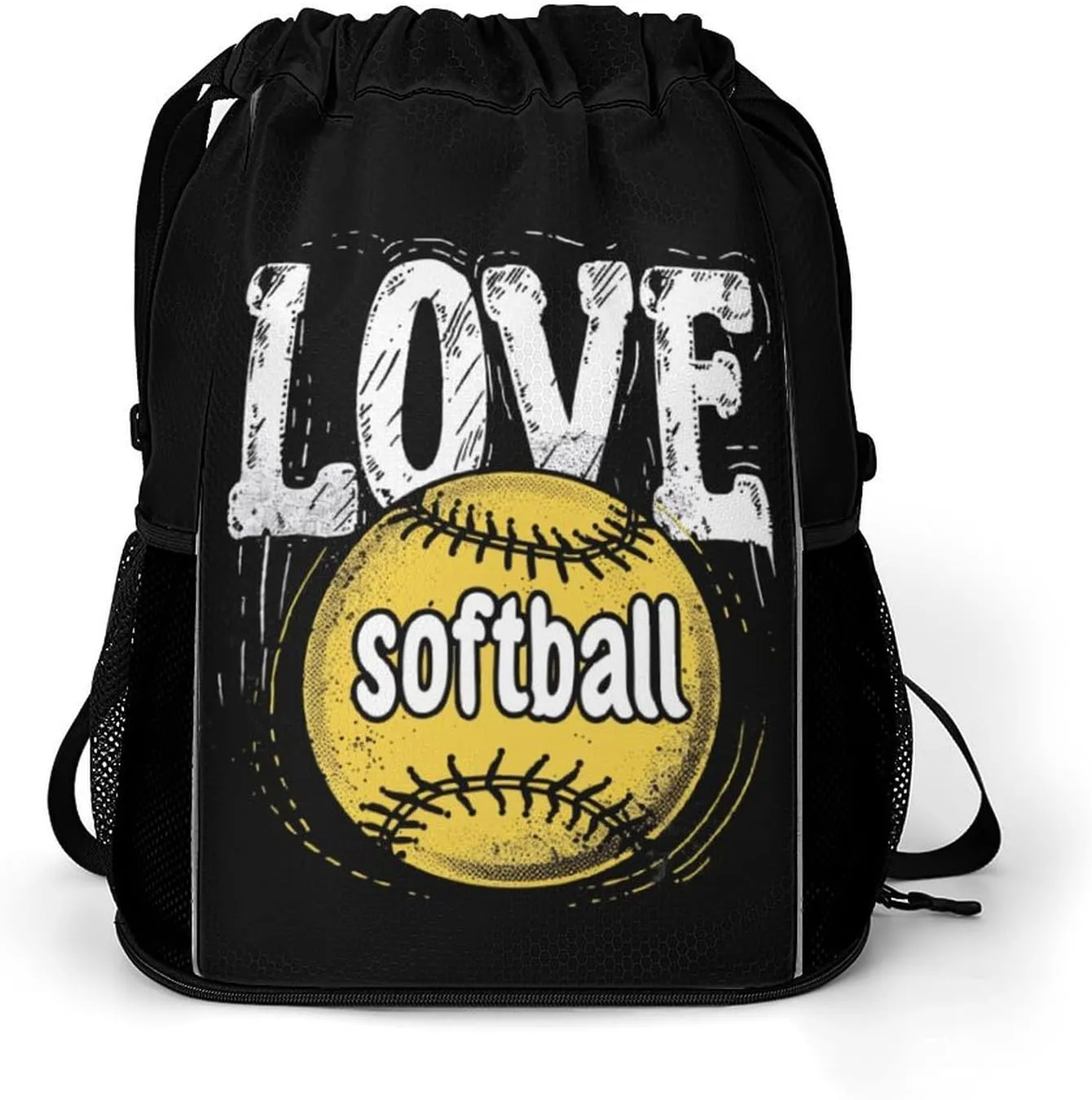Love Softball Drawstring Backpack String Bag Sports Gym Sackpack with Side Pocket Shoes Compartment