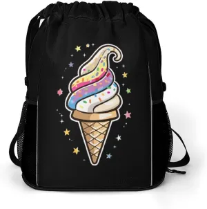 Magic Ice Cream Cone Drawstring Backpack String Bag Sports Gym Sackpack with Side Pocket Shoes Compartment