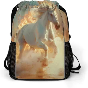 Magical Unicorm Running On Fire Drawstring Backpack String Bag Sports Gym Sackpack with Side Pocket Shoes Compartment