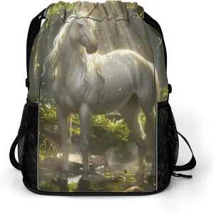 Magical Unicorrn in The Forests Creek Drawstring Backpack String Bag Sports Gym Sackpack with Side Pocket Shoes Compartment
