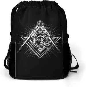Masonic Freemason Square Compass Drawstring Backpack String Bag Sports Gym Sackpack with Side Pocket Shoes Compartment