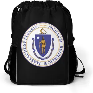 Massachusetts State United States Drawstring Backpack String Bag Sports Gym Sackpack with Side Pocket Shoes Compartment