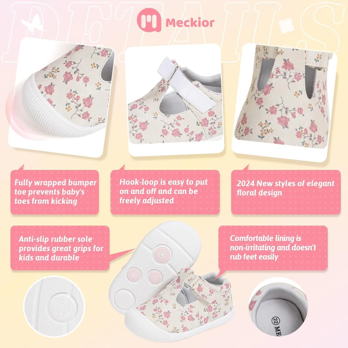 Meckior Baby Toddler Girls Walking Shoes T-Strap Dress Summer Shoes for Girls Mary Jane Non-Slip Anti-Collision Toe Lightweight First Walker Shoes Wedding Dress Shoes