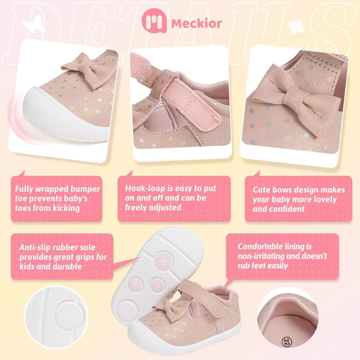 Meckior Baby Toddler Girls Walking Shoes T-Strap Dress Summer Shoes for Girls Mary Jane Non-Slip Anti-Collision Toe Lightweight First Walker Shoes Wedding Dress Shoes