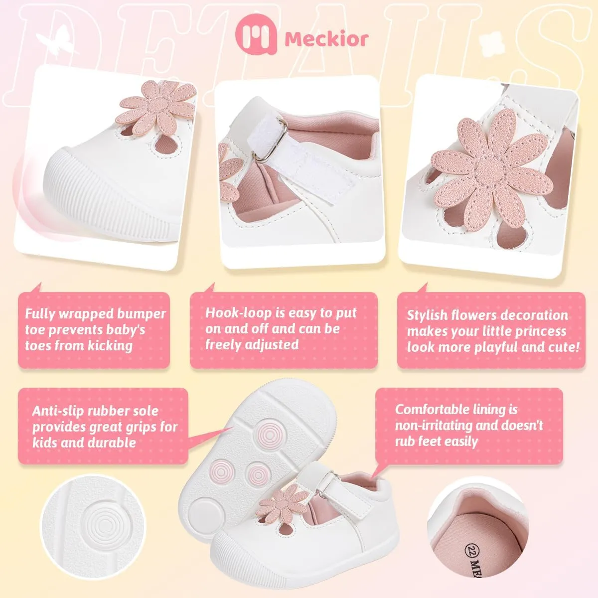 Meckior Baby Toddler Girls Walking Shoes T-Strap Dress Summer Shoes for Girls Mary Jane Non-Slip Anti-Collision Toe Lightweight First Walker Shoes Wedding Dress Shoes