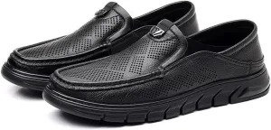 Mens Slip On Perforated Leather Loafers Summer Breathable Lambskin Soft Sole Casual Shoes Lightweight Driving Shoes