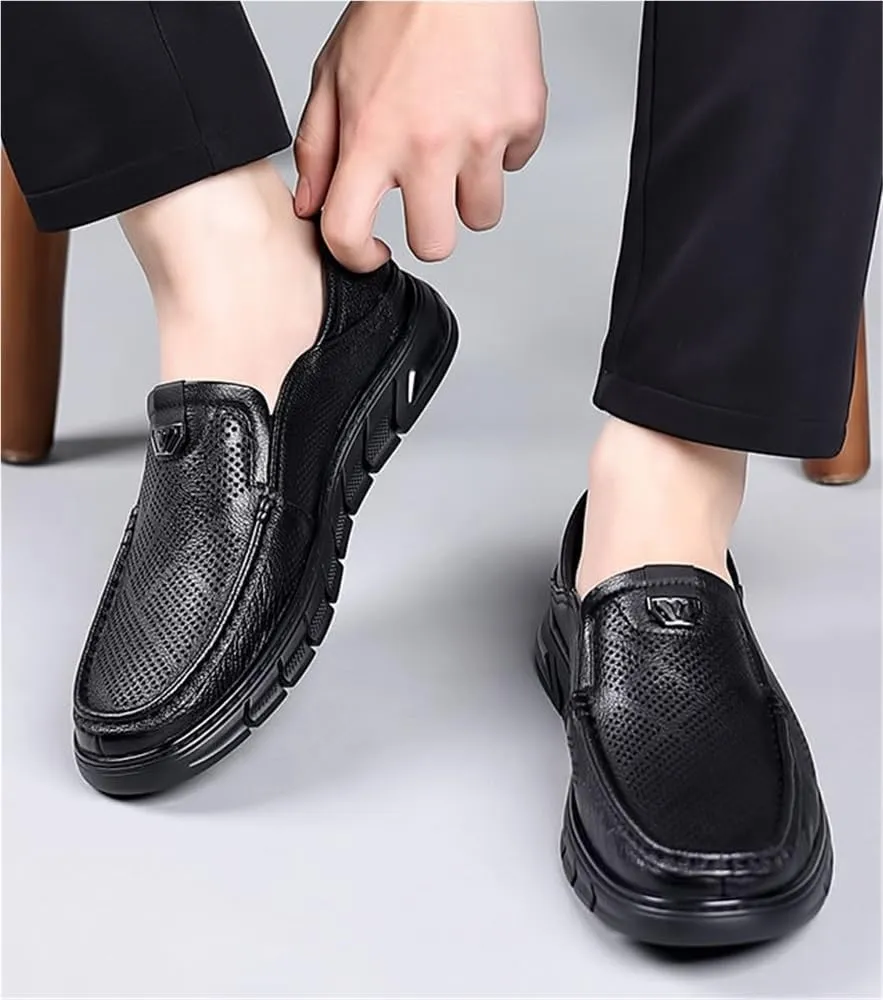 Mens Slip On Perforated Leather Loafers Summer Breathable Lambskin Soft Sole Casual Shoes Lightweight Driving Shoes