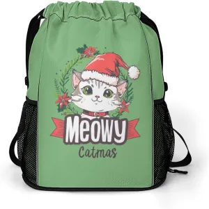 Meowy Catmas Drawstring Backpack String Bag Sports Gym Sackpack with Side Pocket Shoes Compartment